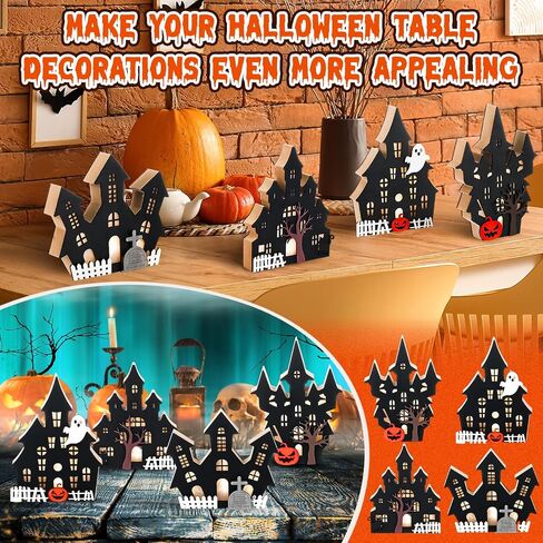 Bucherry 4 Pack Halloween Table Table Decored Decored Hounded House Village Ghost House 3D Tabletop Decorations for Halloween Indoor Home Kitchen Desk (New Style) in Saudi Arabia