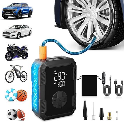 Tire Inflator Portable Air Compressor – Wireless & 12V Dual Power, Auto Shut-Off, Digital Display, Fast Inflation & LED Light, for Car, Bike, Sports & Travel in Saudi Arabia