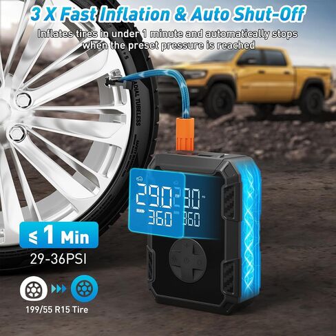 Tire Inflator Portable Air Compressor – Wireless & 12V Dual Power, Auto Shut-Off, Digital Display, Fast Inflation & LED Light, for Car, Bike, Sports & Travel in Saudi Arabia