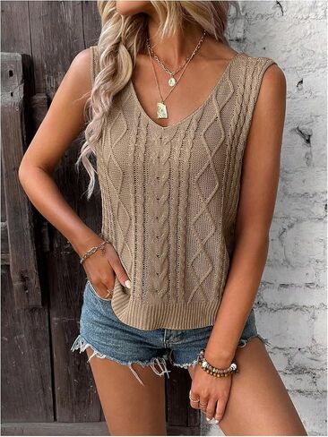 SOLY HUX Women's V Neck Sweater Vest Sleeveless Summer Casual Shirts Knit Tank Top in Saudi Arabia