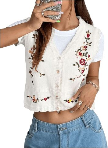 GORGLITTER Women's Flower Embroideried Vintage Sweater Vest Sleeveless Fall Country Concert Crochet Cardigan Khaki Small in Saudi Arabia