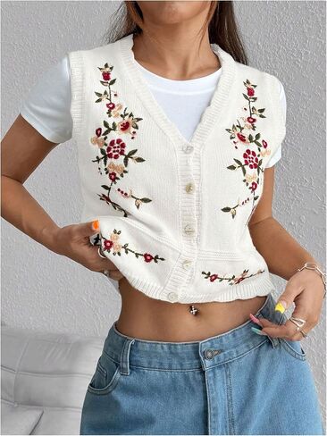 GORGLITTER Women's Flower Embroideried Vintage Sweater Vest Sleeveless Fall Country Concert Crochet Cardigan Khaki Small in Saudi Arabia