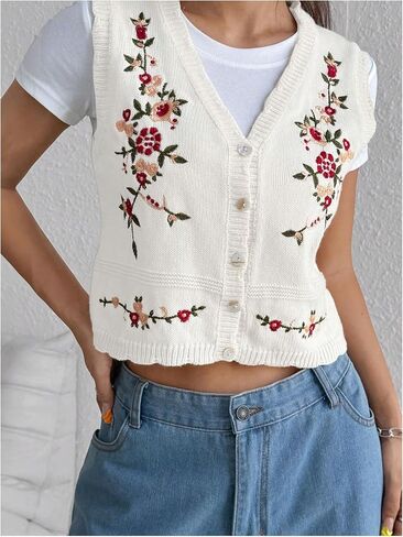 GORGLITTER Women's Flower Embroideried Vintage Sweater Vest Sleeveless Fall Country Concert Crochet Cardigan Khaki Small in Saudi Arabia