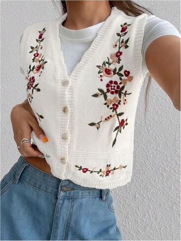 GORGLITTER Women's Flower Embroideried Vintage Sweater Vest Sleeveless Fall Country Concert Crochet Cardigan Khaki Small in Saudi Arabia