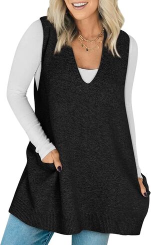 سترة سترة النساء بلا أكمام الخامس رقبة كبيرة الحجم متماسكة الفستان مع جيوب سقوط الموضة 2025 in Kuwait