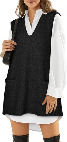 سترة سترة النساء بلا أكمام الخامس رقبة كبيرة الحجم متماسكة الفستان مع جيوب سقوط الموضة 2025 in Kuwait