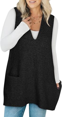 سترة سترة النساء بلا أكمام الخامس رقبة كبيرة الحجم متماسكة الفستان مع جيوب سقوط الموضة 2025 in Kuwait