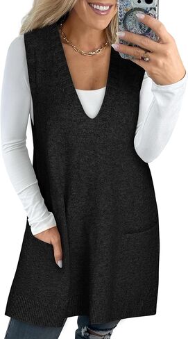 سترة سترة النساء بلا أكمام الخامس رقبة كبيرة الحجم متماسكة الفستان مع جيوب سقوط الموضة 2025 in Kuwait