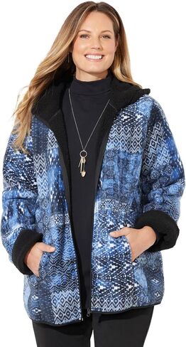 Catherines Women's Plus Size Printed Fleece Coat With Sherpa Lining in Kuwait