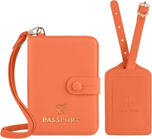 Passport Holder RFID Protected Wallet and Luggage Tag with Protection Cover Travel Accessories Leather Card Case Organizer for Women Men (Orange) in Kuwait