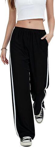 Women's Curved Split Wide Leg Pants Mid Low Elastic Waist with Pockets Lightweight Stretch Comfy Lounge Sleepwear in Saudi Arabia