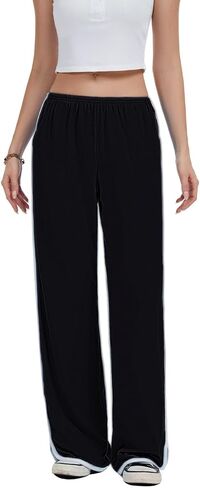 Women's Curved Split Wide Leg Pants Mid Low Elastic Waist with Pockets Lightweight Stretch Comfy Lounge Sleepwear in Saudi Arabia