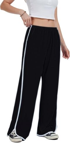Women's Curved Split Wide Leg Pants Mid Low Elastic Waist with Pockets Lightweight Stretch Comfy Lounge Sleepwear in Saudi Arabia