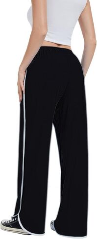 Women's Curved Split Wide Leg Pants Mid Low Elastic Waist with Pockets Lightweight Stretch Comfy Lounge Sleepwear in Saudi Arabia
