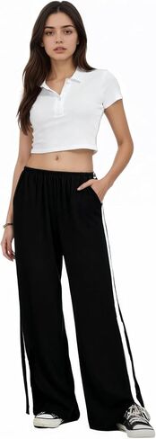 Women's Curved Split Wide Leg Pants Mid Low Elastic Waist with Pockets Lightweight Stretch Comfy Lounge Sleepwear in Saudi Arabia