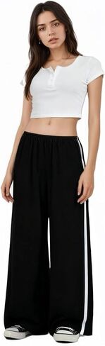 Women's Curved Split Wide Leg Pants Mid Low Elastic Waist with Pockets Lightweight Stretch Comfy Lounge Sleepwear in Saudi Arabia