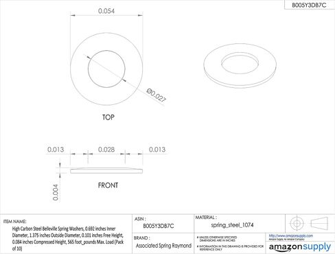 High Carbon Steel Belleville Spring Washers, 0.692 inches Inner Diameter, 1.375 inches Outside Diameter, 0.088 inches Free Height, 0.065 inches Compressed Height, 265 foot_pounds Max. Load (Pack of 10) in Saudi Arabia