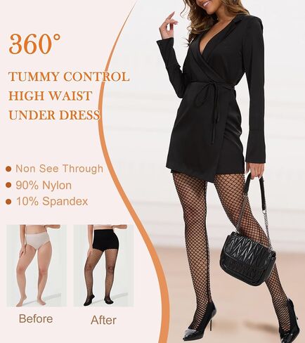 Black Fishnet Tights for Women Tummy Control High Waist Control Top Pantyhose Under Dress Shapewear Leggings in Kuwait