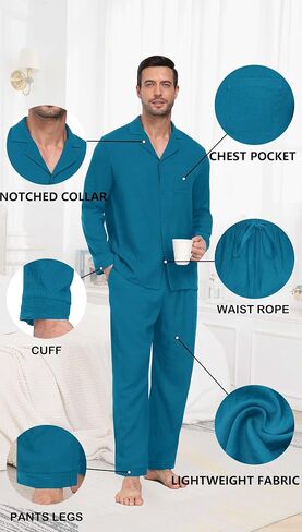 PrinStory Men's Pajamas Set Sleepwear Pjs Lightweight Long Sleeve Button Down Notched Collar Pajama Comfy Sleep Sets S-2XL in Saudi Arabia