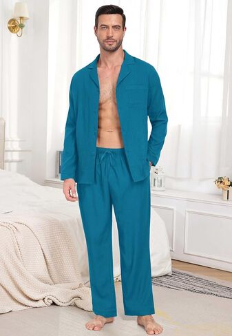 PrinStory Men's Pajamas Set Sleepwear Pjs Lightweight Long Sleeve Button Down Notched Collar Pajama Comfy Sleep Sets S-2XL in Saudi Arabia