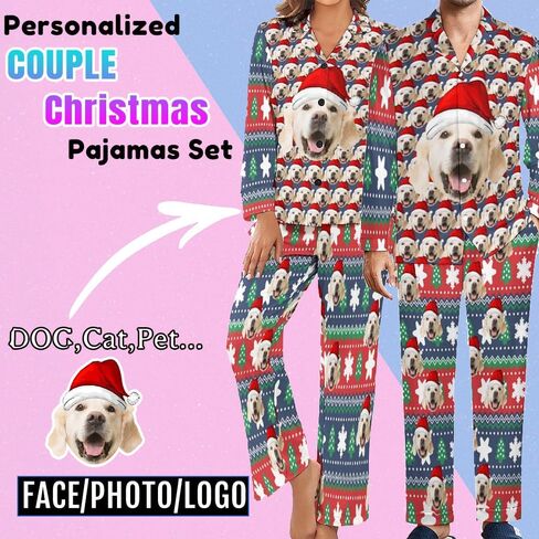 Custom Face Pajamas for Women Men,Personalized Dog Cat Pet Pajamas Set,Christmas Long Sleeve Sleepwear Pjs in Saudi Arabia