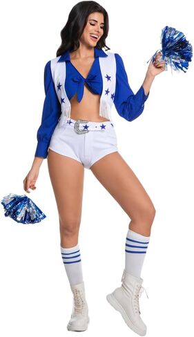 Women's Star Cheerleader Costume Girls High School Cowboy Cheerleading Uniform 6 Piece Set Shirt Vest Shorts Socks in Saudi Arabia