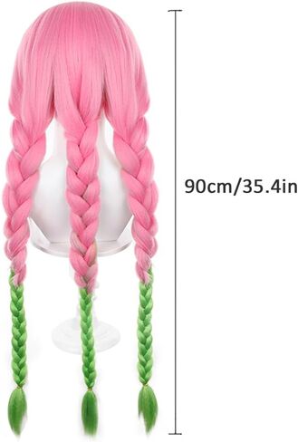 Anime Cosplay Wig Long Pink and Green Synthetic Braided Hair for Halloween Costume Party with Free Wig Cap, 90cm /35.4inch in Kuwait