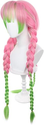 Anime Cosplay Wig Long Pink and Green Synthetic Braided Hair for Halloween Costume Party with Free Wig Cap, 90cm /35.4inch in Kuwait