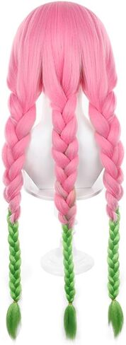 Anime Cosplay Wig Long Pink and Green Synthetic Braided Hair for Halloween Costume Party with Free Wig Cap, 90cm /35.4inch in Kuwait
