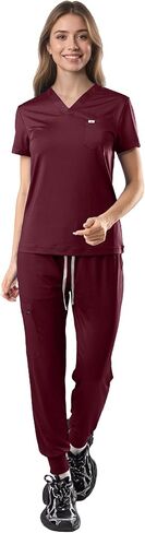 الدعك للنساء - V -Neck Top & Stretty Jogger Pants Scrubs مجموعة مع 5 جيوب in Saudi Arabia