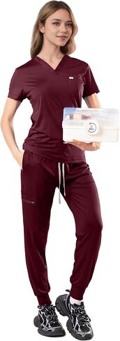 الدعك للنساء - V -Neck Top & Stretty Jogger Pants Scrubs مجموعة مع 5 جيوب in Saudi Arabia