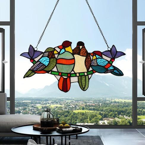 Parrot Stained Glass Window Hanging 16" x 8" Handmade Tiffany Style Rectangular Transom Window Panel Perfect for Living Room Bedroom Kitchen Decor Hangings with Chain (8 Parrots) in Saudi Arabia