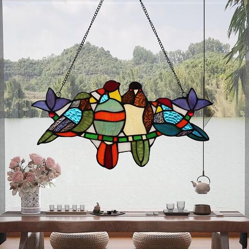 Parrot Stained Glass Window Hanging 16" x 8" Handmade Tiffany Style Rectangular Transom Window Panel Perfect for Living Room Bedroom Kitchen Decor Hangings with Chain (8 Parrots) in Saudi Arabia