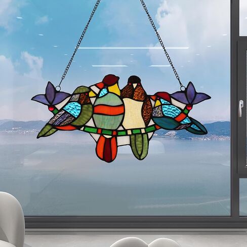 Parrot Stained Glass Window Hanging 16" x 8" Handmade Tiffany Style Rectangular Transom Window Panel Perfect for Living Room Bedroom Kitchen Decor Hangings with Chain (8 Parrots) in Saudi Arabia