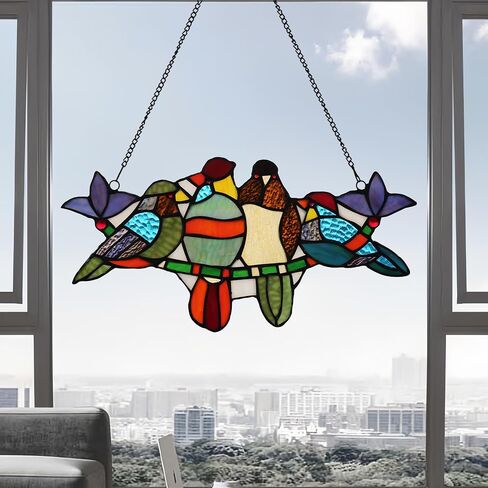 Parrot Stained Glass Window Hanging 16" x 8" Handmade Tiffany Style Rectangular Transom Window Panel Perfect for Living Room Bedroom Kitchen Decor Hangings with Chain (8 Parrots) in Saudi Arabia