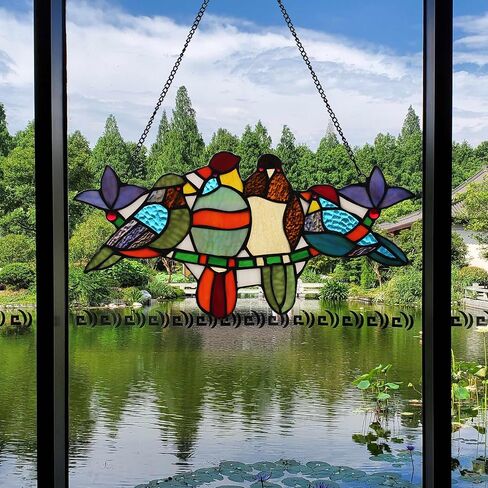 Parrot Stained Glass Window Hanging 16" x 8" Handmade Tiffany Style Rectangular Transom Window Panel Perfect for Living Room Bedroom Kitchen Decor Hangings with Chain (8 Parrots) in Saudi Arabia