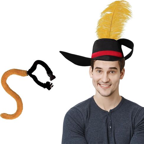 Adults Yellow Feather Cat Hat with Tail Costume Cosplay Hats with Yellow Feather Halloween Outfit for Men Women in Saudi Arabia