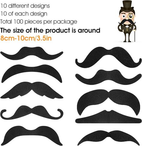 100 Pcs Stick On Fake Mustaches Bulk 10 Designs Realistic Mustache Stickers Adhesive Black Beard Facial Hair for Halloween, Christmas, Party Supplies, Suitable for All Ages in Kuwait
