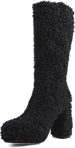 Mid Calf Fluffy Furry Boots Warm Platform Chunky High Heel Pull On Boots Fashion Winter shoes in Saudi Arabia