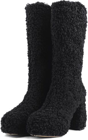 Mid Calf Fluffy Furry Boots Warm Platform Chunky High Heel Pull On Boots Fashion Winter shoes in Saudi Arabia