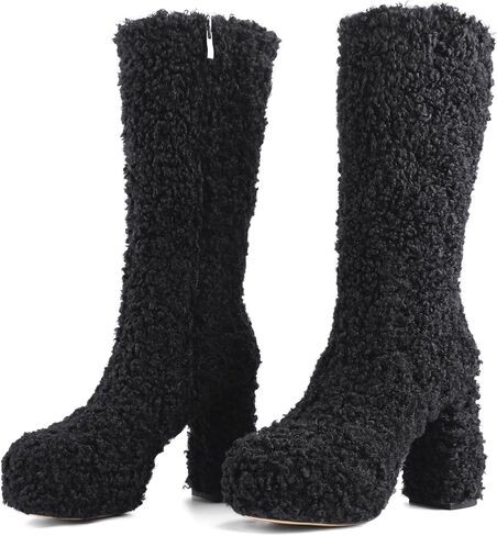 Mid Calf Fluffy Furry Boots Warm Platform Chunky High Heel Pull On Boots Fashion Winter shoes in Saudi Arabia