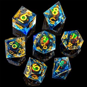 Beholder's Dragon Eye DND Dice Set,Sharp Edge Liquid Core Resin Handmade Cat Eye Dice with Gift Box 7 PCS for Role Playing Dungeons and Dragons Ttrpg(Blue Purple)