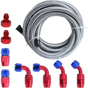 12Ft 6AN 3/8" Fuel Line Hose Braided Stainless Steel,With 6PCS AN6 Swivel Hose Ends and 2PCS AN-10 to AN-6 Fuel Tank Fitting Adapters Kit, Blue & Red