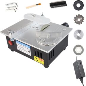 Mini Table Saw, RTOVZON 100W Mini Desktop Electric Saw Cutter, Cut Thickness Adjustable Precision Craft Table Saw with Speed & Angle Adjust 4* Blades, Available for Wood/PCB/Acrylic/Plastic/Aluminium