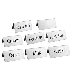 New Star Foodservice 27402 Stainless Steel Table Tent Sign Combo, Includes (Coffee), (Decaf), (Hot Tea), (Iced Tea), (Hot Water), (Milk), (Cream), and (Blank), 3"x 1.5", Combo Set of 8