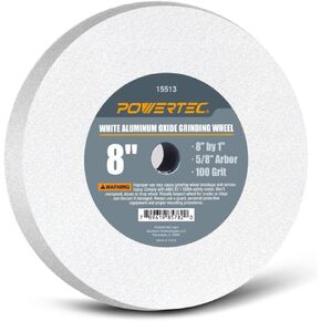 POWERTEC 15513 Bench and Pedestal Grinding Wheels, 8 Inch x 1 Inch, 5/8 Arbor, 100 Grit, White Aluminum Oxide Bench Grinder Wheel for Grinding and Sharpening Cutting Tools