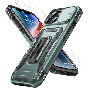 Goodon for iPhone 14 Plus Case with Slide Camera Cover + Screen Protector, Built in Rotated Ring Magnetic Kickstand Military Grade Shockproof Protective Phone Case 6.7" - Black