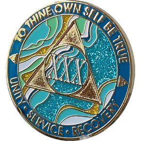30 Year AA Medallion Elegant Marble Caribbean Aqua Glitter Blue Gold Plated Chip