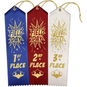 School Field Day Ribbons 1st - 2nd - 3rd Place – 45 Total Ribbons - 15 Each Place with Card & String