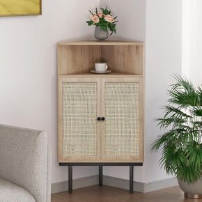 XIAO WEI 39 Inch 4-Tier Corner Cabinet with Two Handmade Natural Rattan Doors, Freestanding Corner, Corner Shelf, Corner Table for Small Spaces, Corner Bathroom Cabinet, Metal Legs in Saudi Arabia